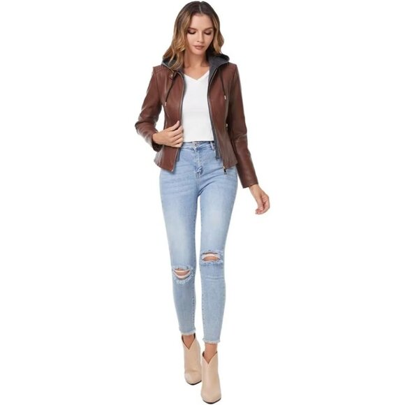 Women Brown  Faux Leather Jacket Hooded Moto Biker Outwear Coat - Picture 4 of 5